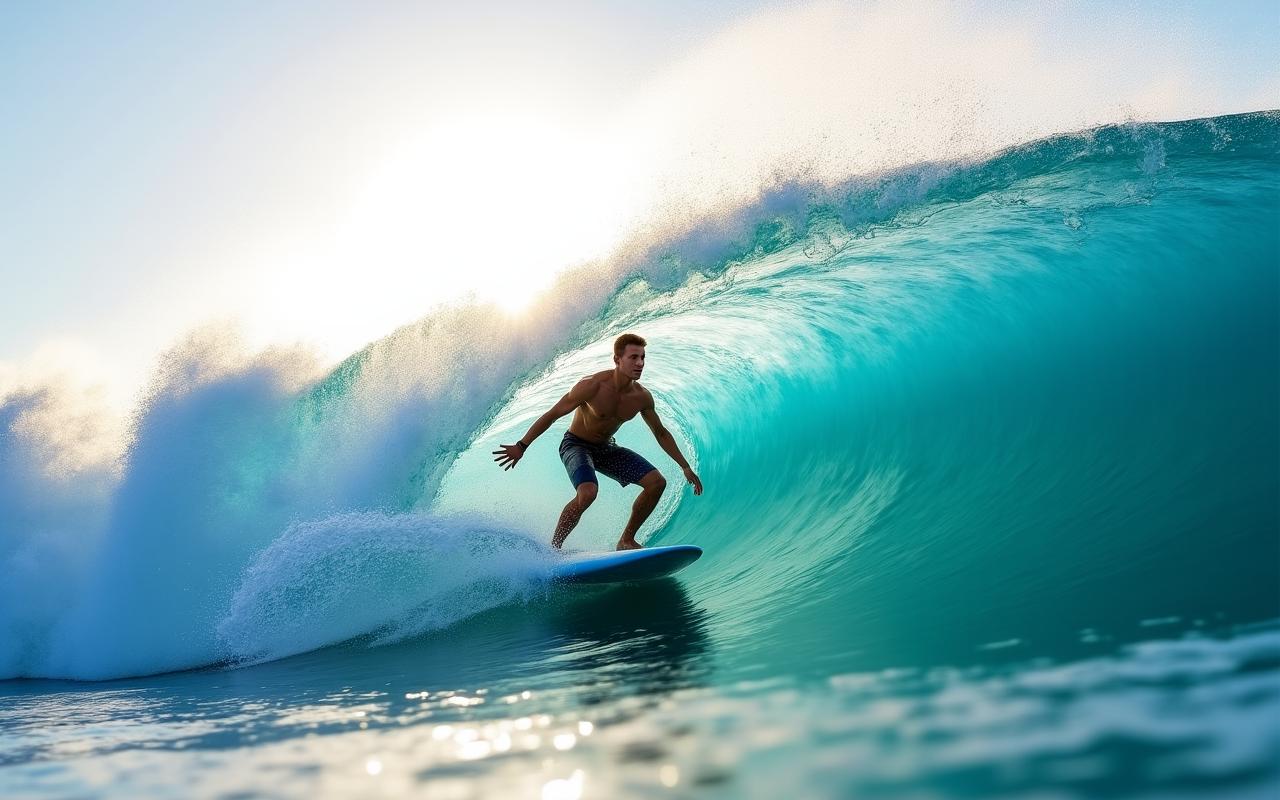 Professional surfer carving a wave in Miami Beach turquoise waters
